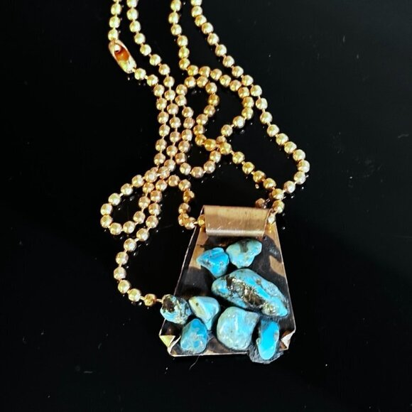 Kingman Turquoise Copper Pendant Necklace Brutalist Gift Choker 24" Handmade - Picture 3 of 5